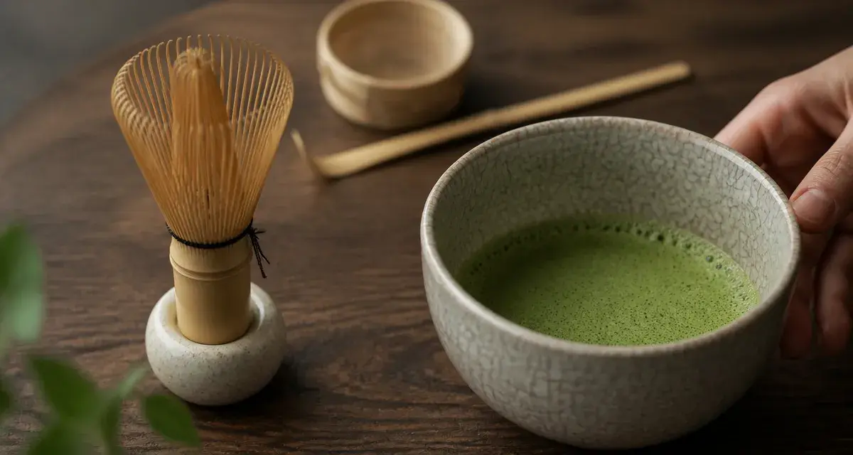 Fouet pour thé matcha (chasen en bambou) sur kusenaoshi, matcha vert mousseux