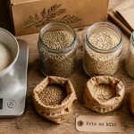 Produit vrac : riz, lentilles et flocons d’avoine en bocaux, étiquette prix au kilo