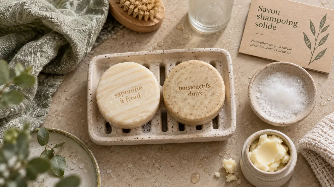 Savon shampoing solide bio sur porte-savon en céramique, saponifié à froid