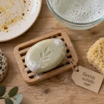 Savon vaisselle solide : mousse et éponge humide sur planche en bois