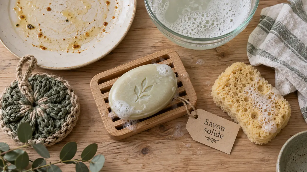 Savon vaisselle solide : mousse et éponge humide sur planche en bois