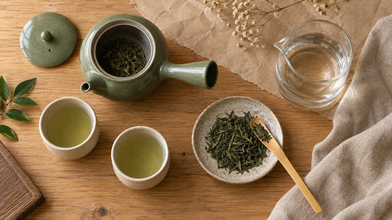 Service à thé japonais pour sencha : kyusu vert sauge et tasses yunomi