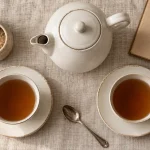 Service à thé en porcelaine blanche : tasses et théière sur set en lin.