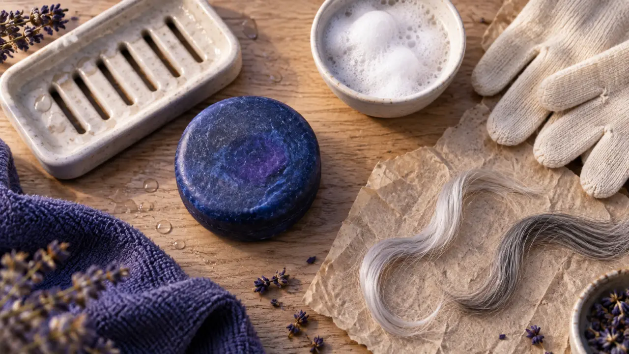 Shampoing solide cheveux blancs au pigment violet sur cheveux blancs