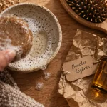 Shampoing solide cheveux bouclés sur table bois : boucles légères