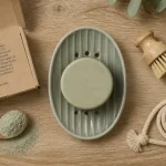 Shampoing solide vegan et liste INCI sur un fond kraft