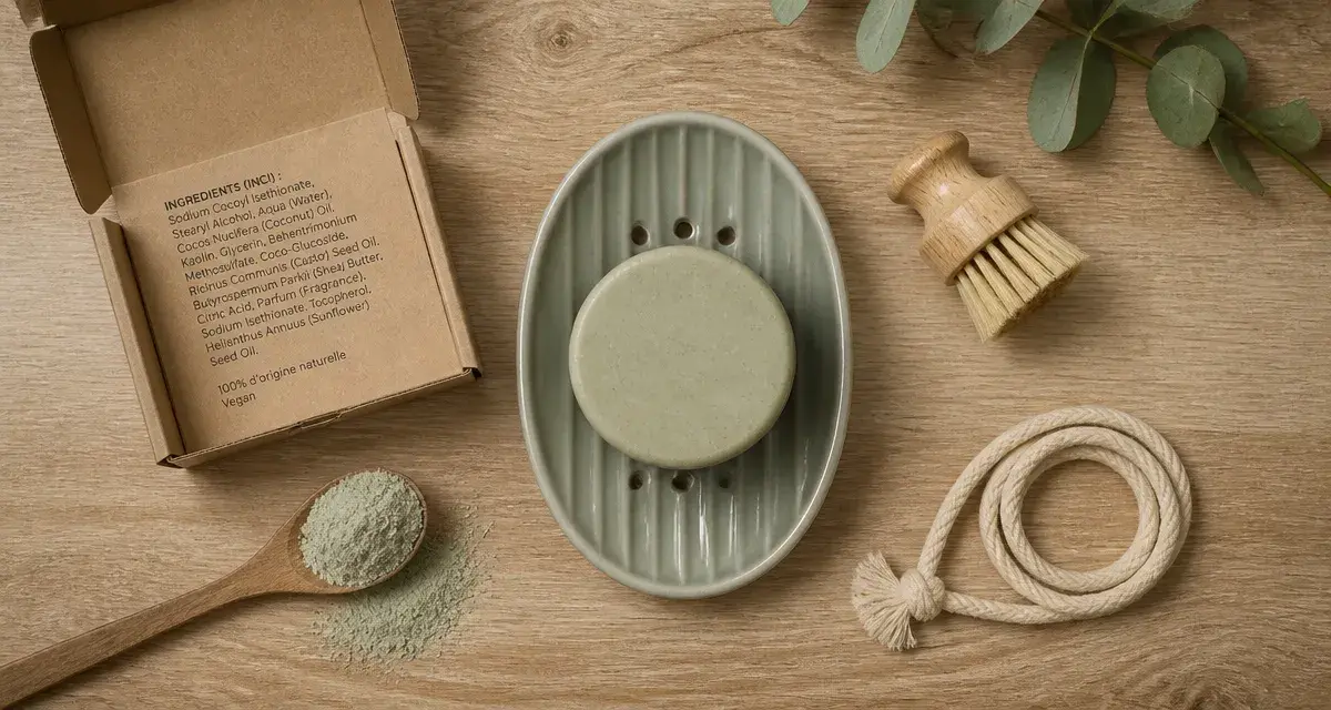 Shampoing solide vegan et liste INCI sur un fond kraft