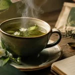 Thé vert jasmin bienfaits en tasse, feuilles et fleurs de jasmin