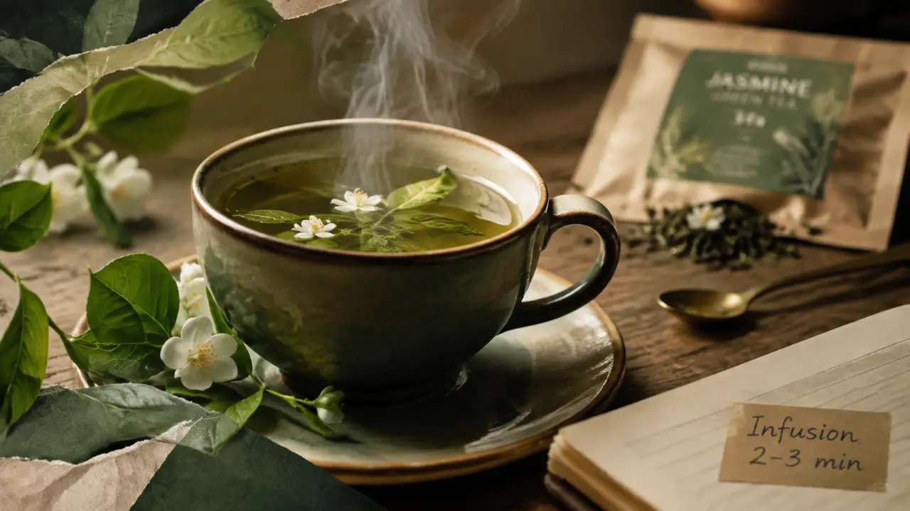 Thé vert jasmin bienfaits en tasse, feuilles et fleurs de jasmin