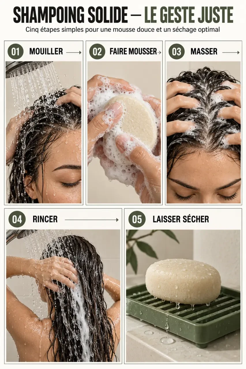 Étapes d’utilisation d’un shampoing solide Avril, du mouillage au séchage du galet