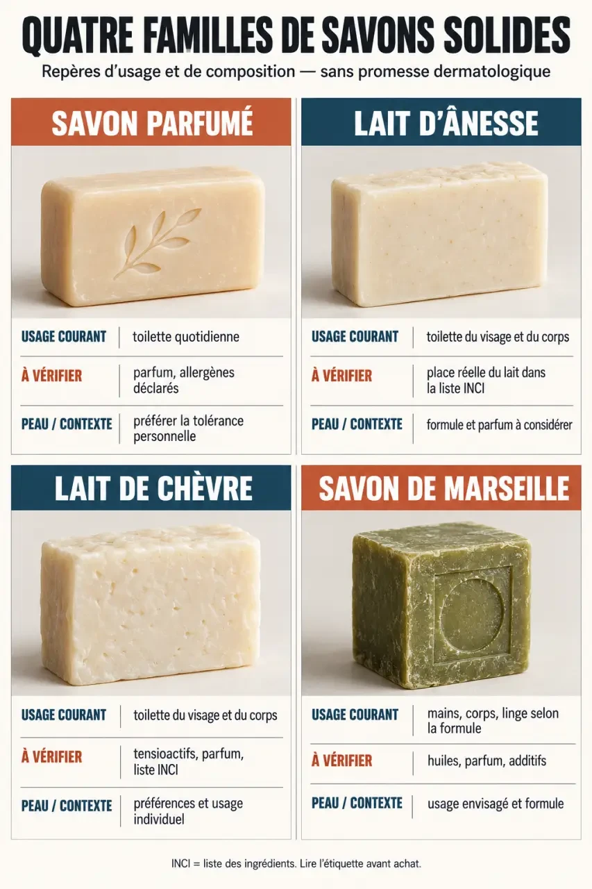 Infographie comparative des types de savon solide, de leurs usages et des points de vigilance
