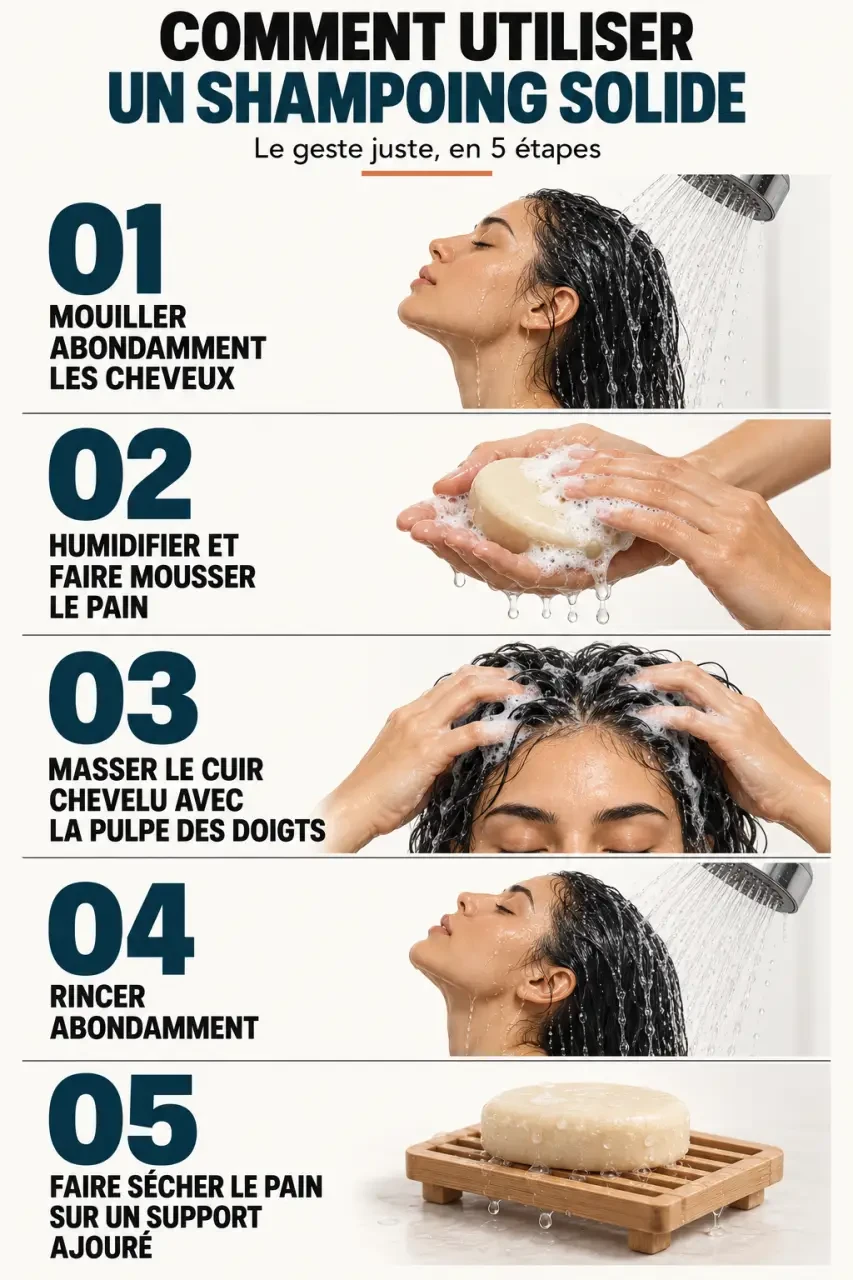 Étapes d’utilisation et de séchage d’un shampoing solide Respire