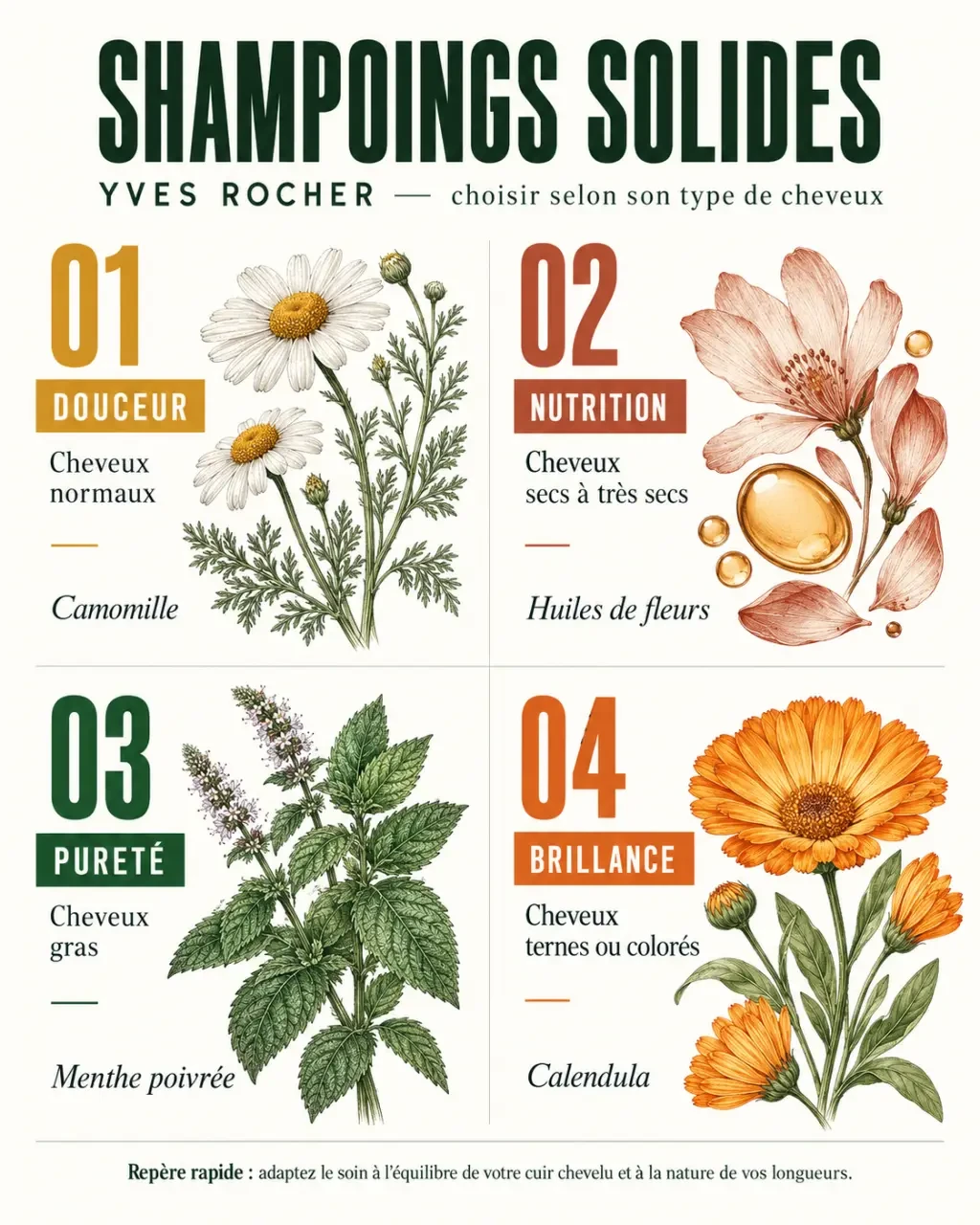 Infographie des quatre shampoings solides Yves Rocher selon le type de cheveux