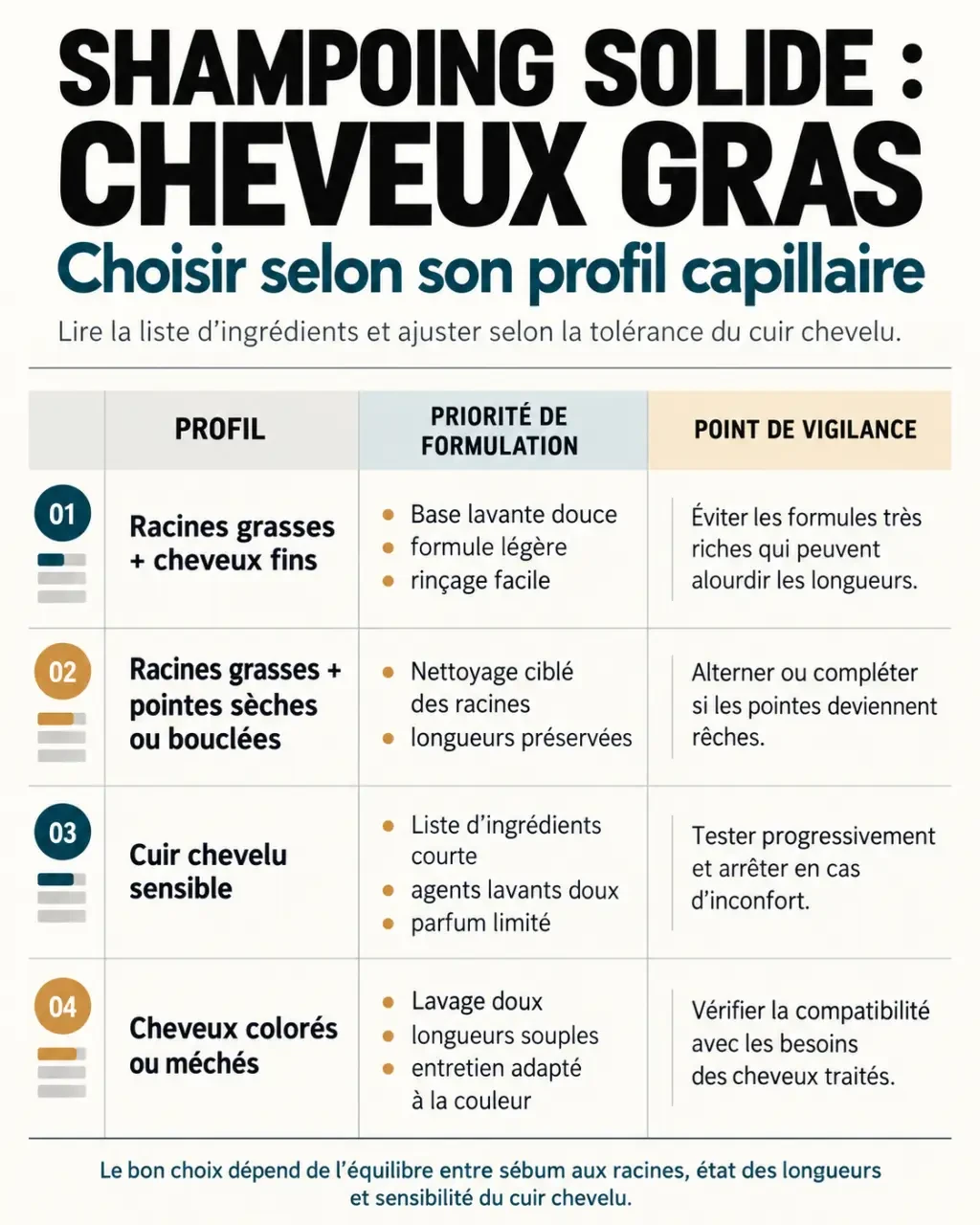 Infographie pour choisir un shampoing solide cheveux gras selon son type de cuir chevelu et l’état des longueurs