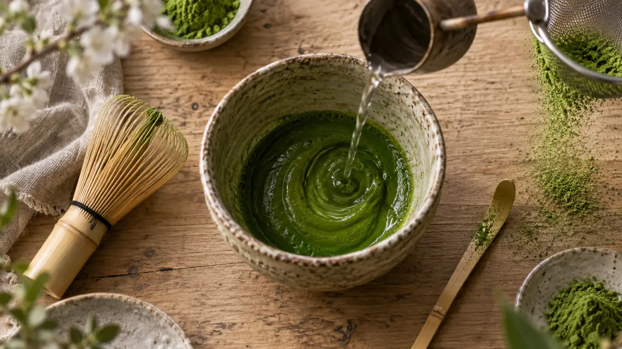 Matcha thé prêt à 70–80 °C, chawan et chasen