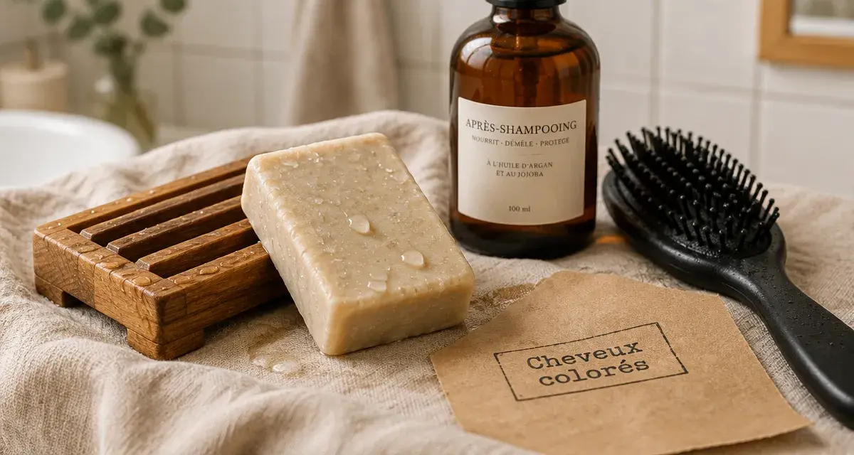 Shampoing solide cheveux colorés, formule douce sur serviette en lin