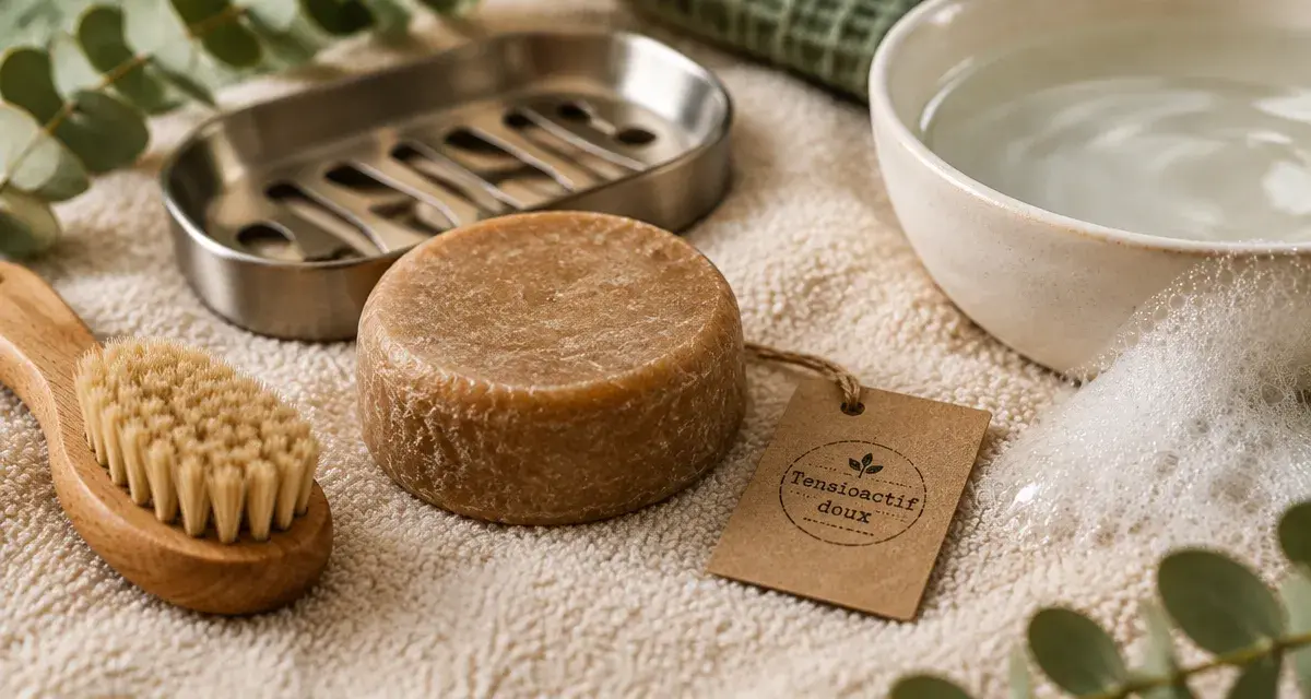 Shampoing solide naturel sur serviette, nettoie sans flacon