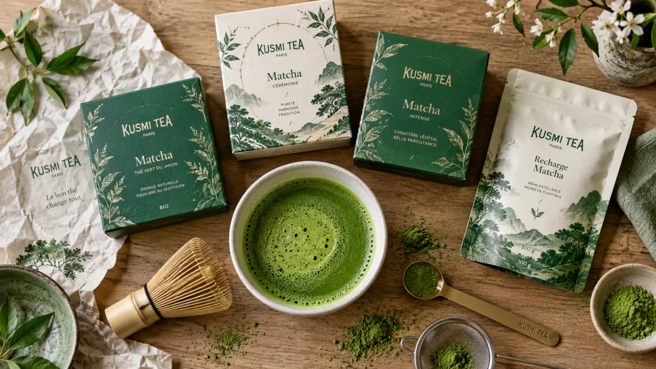 Thé matcha Kusmi sélection pour latte et rituel, bol et chasen